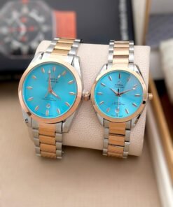 OMEGA COUPLE WATCH SILVER AND GOLD ( SKY BLUE DIAL)
