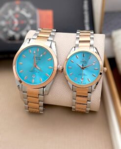 OMEGA COUPLE WATCH SILVER AND GOLD ( SKY BLUE DIAL)
