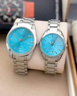 OMEGA COUPLE WATCH SILVER (SKY BLUE DIAL)
