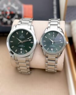 OMEGA COUPLE WATCH SILVER (GREEN DIAL)